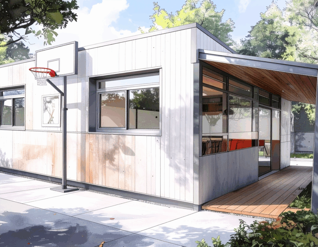 Extérieur d'une salle de classe modulaire en bois