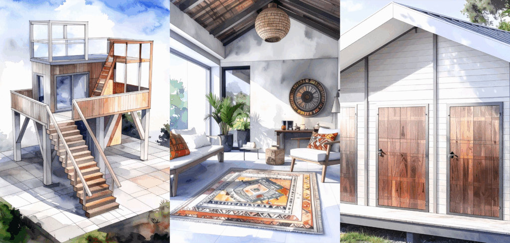 intérieur et extérieur de l'envolée ainsi que du module sanitaire en aquarelle