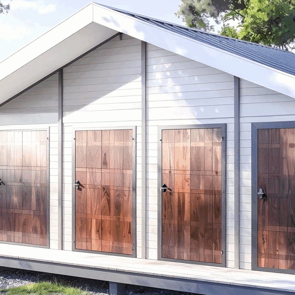Module sanitaire avec des toilettes sèches et des douches cycliques