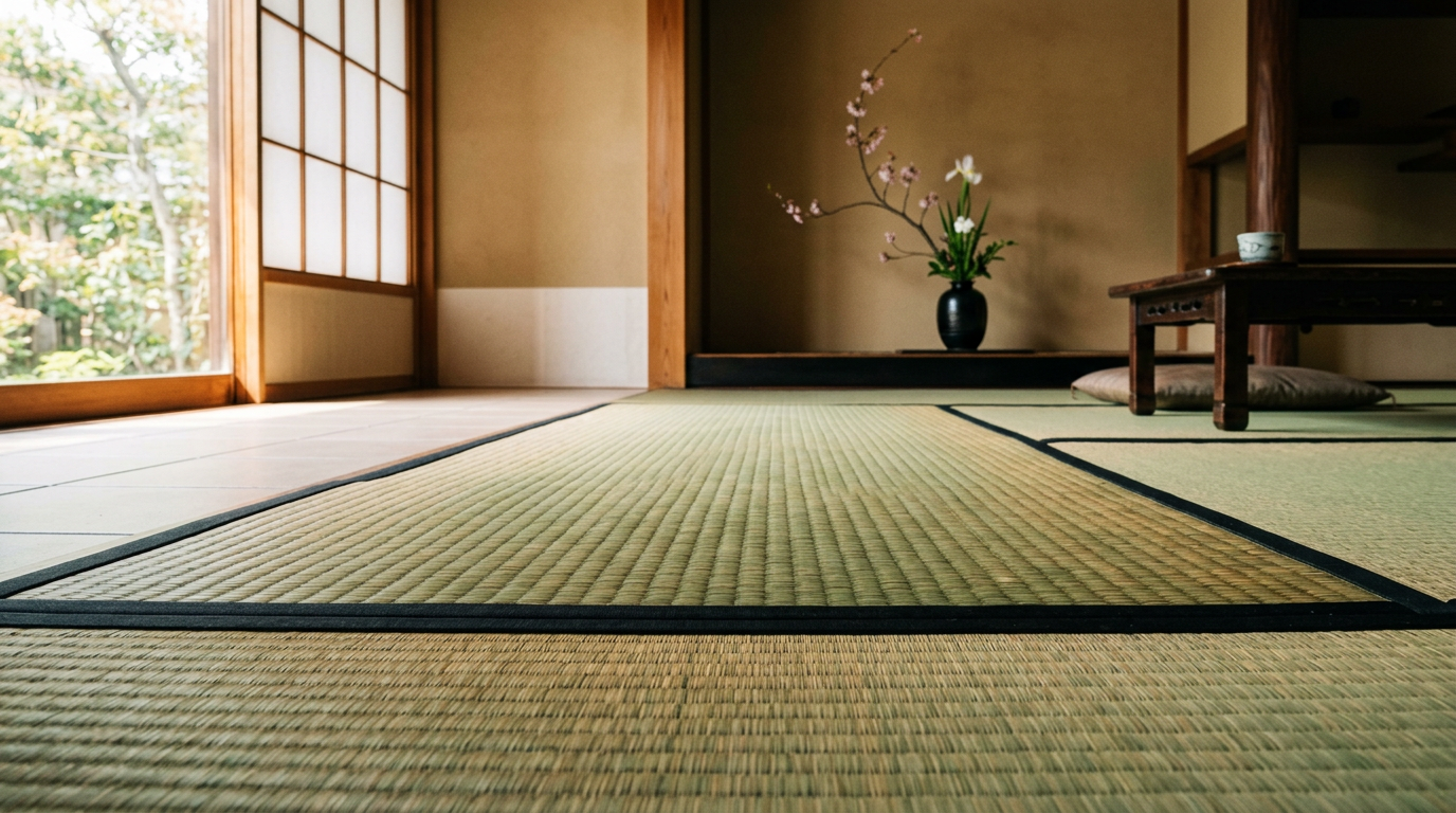 Constructeur français de maisons traditionnelles japonaises avec revêtement de sol traditionnel en paille d’igusa pour la pièce principale.